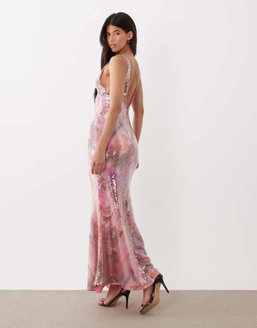 ASOS DESIGN – Rosa, blommig maxiklänning med djup halsringning, fishtail och glansiga paljetter, 4 av 4
