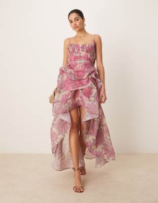 ASOS DESIGN – Rosa, blommig maxiklänning med strukturerad kjol och ojämn fåll - view 1