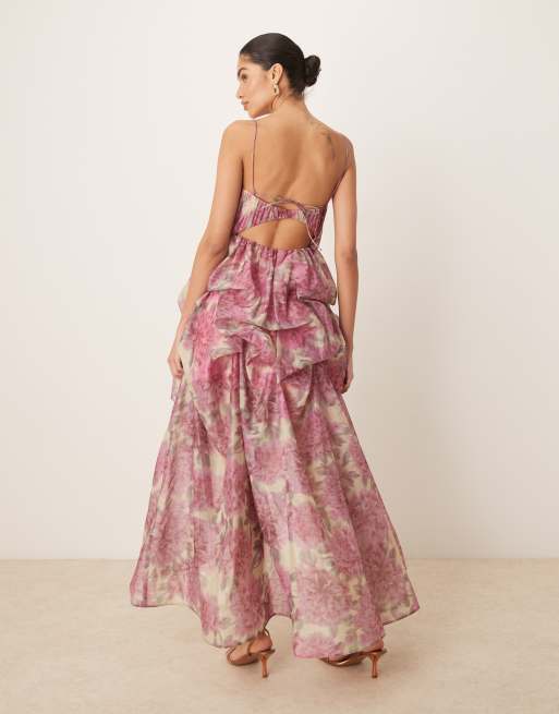 ASOS DESIGN – Rosa, blommig maxiklänning med strukturerad kjol och ojämn fåll, 4 av 4