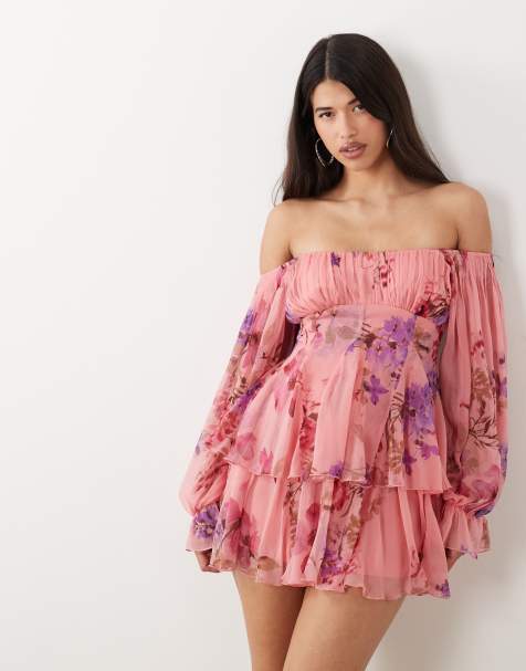 ASOS DESIGN – Rosa, blommig miniklänning med bara axlar, klockad kjol och två lager - view 1