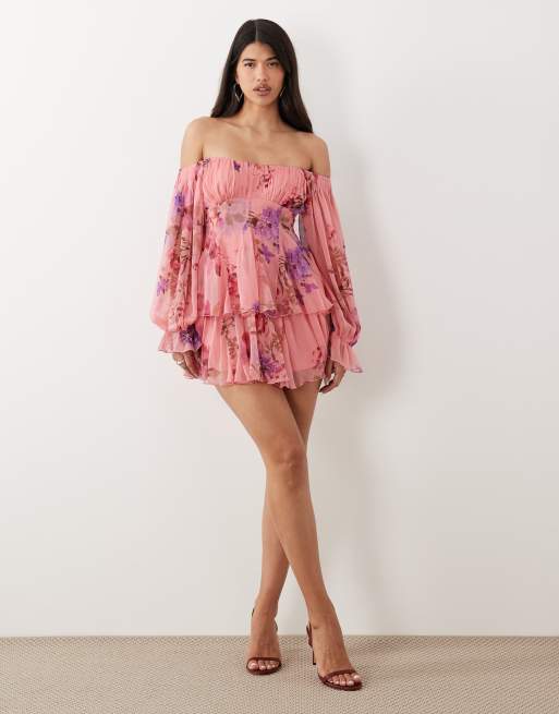 ASOS DESIGN – Rosa, blommig miniklänning med bara axlar, klockad kjol och två lager, 2 av 4