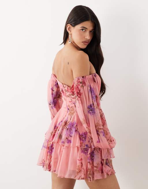ASOS DESIGN – Rosa, blommig miniklänning med bara axlar, klockad kjol och två lager, 4 av 4