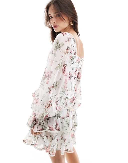 ASOS DESIGN – Rosa, blommig miniklänning med bystkupor, volanger och spetskant, 3 av 4