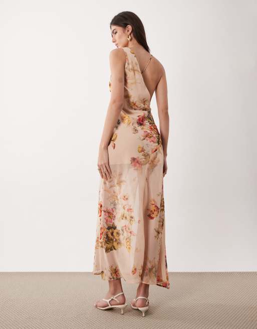 ASOS DESIGN – Rosa, blommig slipklänning i midilängd med asymmetrisk halsringning, 4 av 4