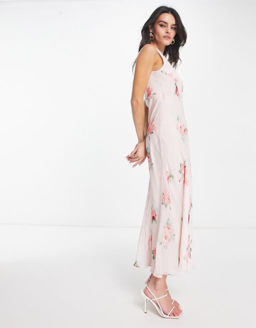 ASOS DESIGN – Rosa blommig slipklänning i mönstrad chiffong och midilängd med djup halsringning , 2 av 4