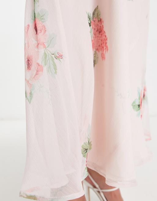 ASOS DESIGN – Rosa blommig slipklänning i mönstrad chiffong och midilängd med djup halsringning , 3 av 4