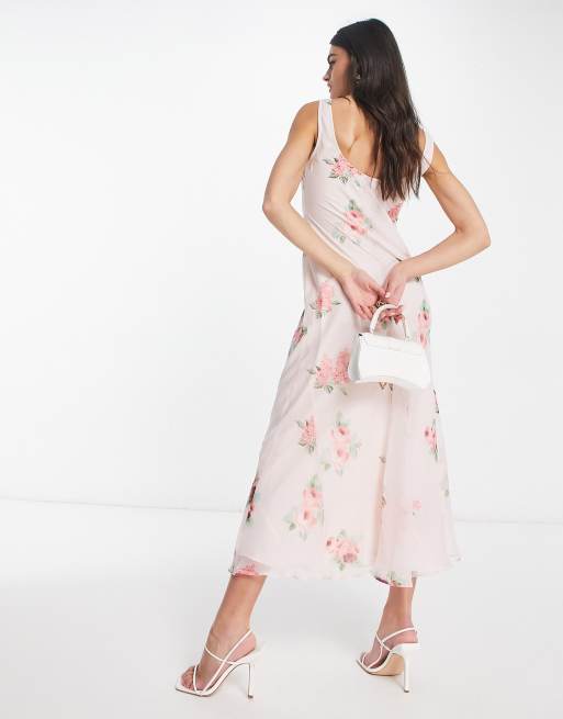 ASOS DESIGN – Rosa blommig slipklänning i mönstrad chiffong och midilängd med djup halsringning , 4 av 4