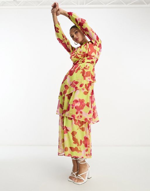 FhyzicsShops DESIGN – Rosa blommig tea-klänning i maxilängd med veckad midja och hög krage