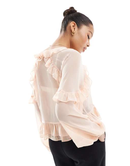 ASOS DESIGN – Rosa blus i chiffong med volang och volymärmar, 2 av 4