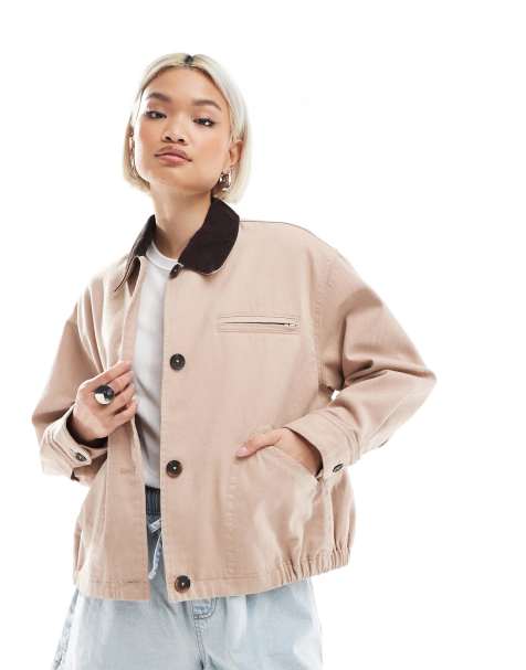 ASOS DESIGN – Rosa bomberjacka i arbetsstil med brun krage - view 1