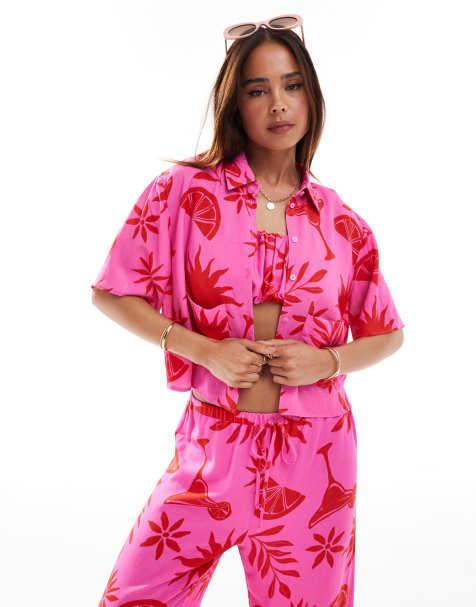 ASOS DESIGN – Rosa cocktailmönstrad skjorta med boxig passform, del av set - view 1