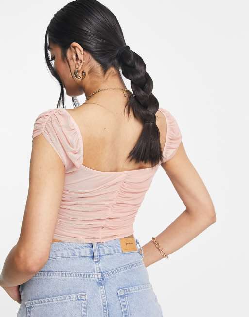 ASOS DESIGN – Rosa crop top i ryschad mesh med v-sprund, 2 av 4