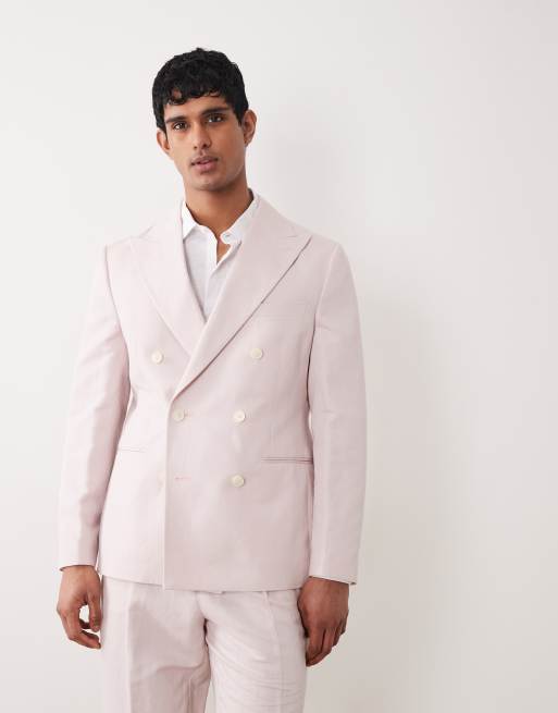ASOS DESIGN – Rosa, smal, dubbelknäppt kostym i tyg med hög andel linne, 3 av 3
