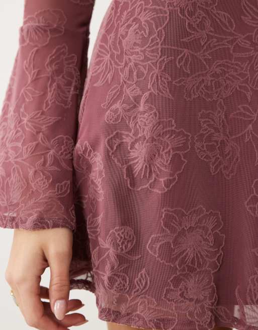 ASOS DESIGN – Rosa, flockad miniklänning med fyrkantig ringning och utsvängda ärmar, 2 av 4