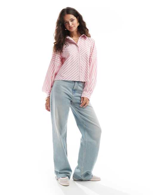ASOS DESIGN – Rosa gestreifte Hemdbluse mit gespleißtem Detail und voluminöser Schulterpartie, 2 von 4