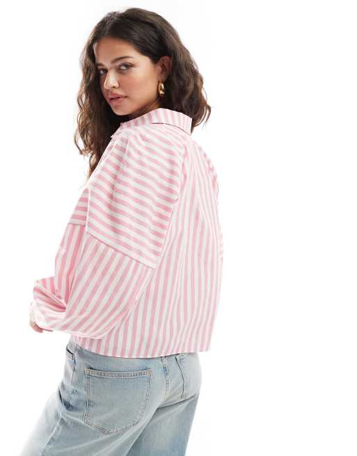 ASOS DESIGN – Rosa gestreifte Hemdbluse mit gespleißtem Detail und voluminöser Schulterpartie, 4 von 4