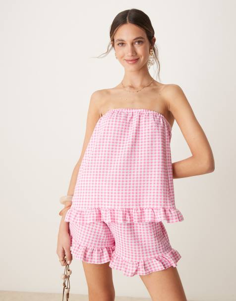 ASOS DESIGN – Rosa, ginghamrutig bandeau-topp med volangfåll, del av set - view 1