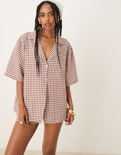 ASOS DESIGN – Rosa, ginghamrutigt set med semesterskjorta med platt krage och shorts - view 1