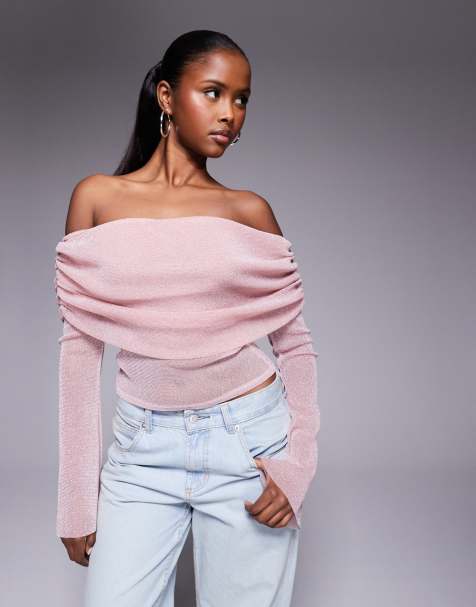 ASOS DESIGN – Rosa, glittrig topp i mesh med bara axlar och utsvängda ärmar - view 1