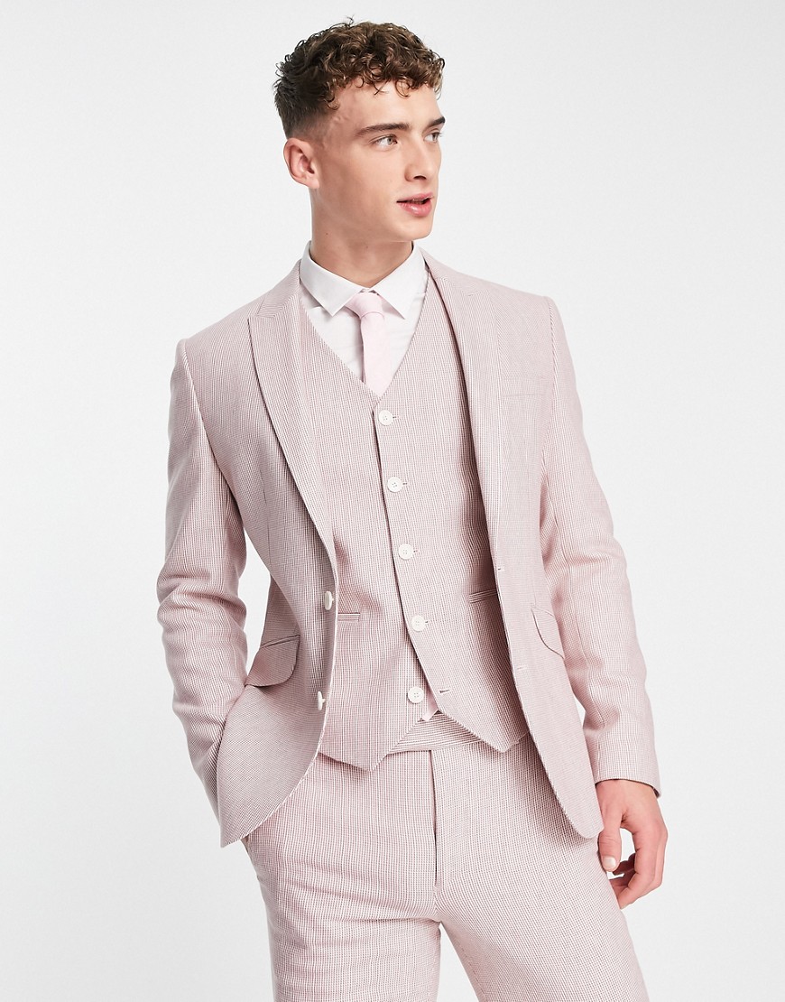 asos design - rosa hundtandsrutig kostymjacka i ullmix med supersmal passform-pink