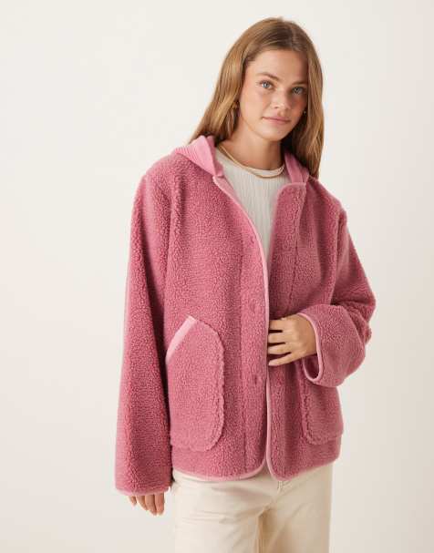 ASOS DESIGN – Rosa jacka i mixat stickat tyg och teddyfleece med huva - view 1