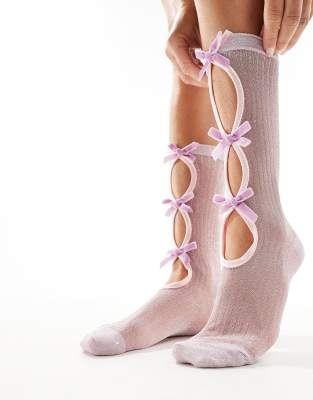 ASOS DESIGN - Rosa Knöchelsocken mit schleifenverzierter Vorderseite