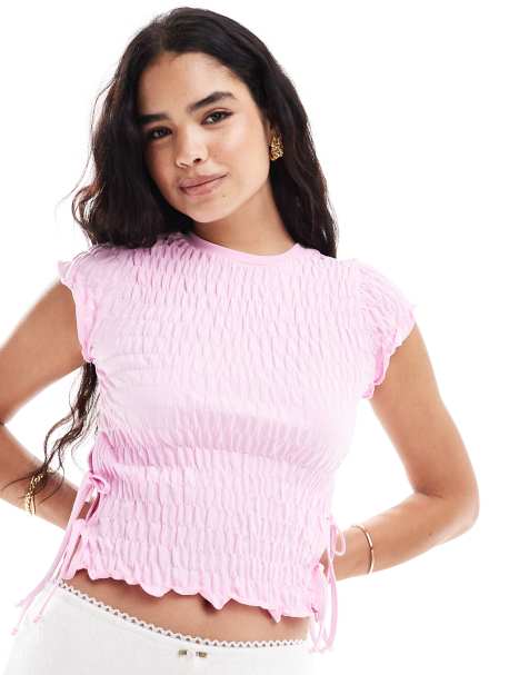 ASOS DESIGN – Rosa, kortärmad topp med textur och knytning i sidorna - view 1