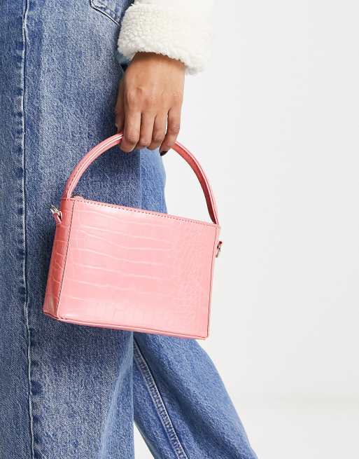 ASOS DESIGN – Rosa, krokodilskinnsmönstrad, kantig väska med handtag och avtagbar rem 