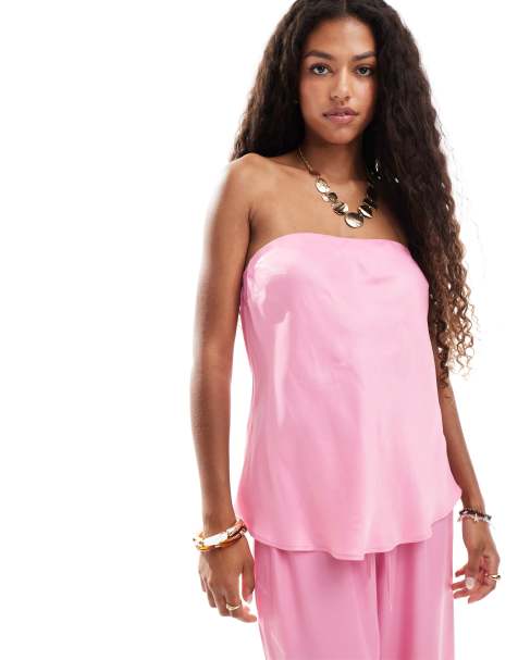 ASOS DESIGN – Rosa, lång, a-linjeformad bandeau-topp i satin, del av set - view 1