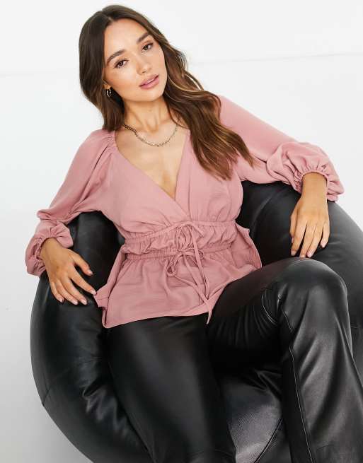ASOS DESIGN – Rosa långärmad topp med v-ringning, kimonoärm och knytning framtill , 3 av 4