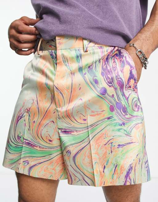 ASOS DESIGN – Rosa, marmormönstrade, korta finshorts i bermudastil