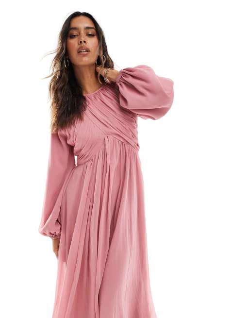 ASOS DESIGN – Rosa maxiklänning med omlottdesign vid livet och ballongärmar, 2 av 4