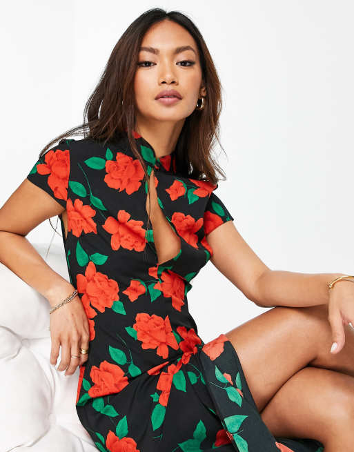 ASOS DESIGN - Rosa midi-tea-kjole med nøglehulsudskæring foran og blomstermønster , 3 af 4