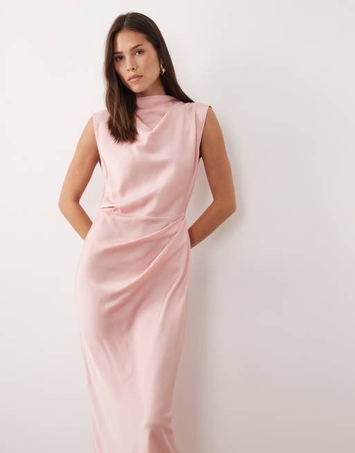ASOS DESIGN – Rosa midiklänning i satin med hög ringning och veckat liv, 2 av 4