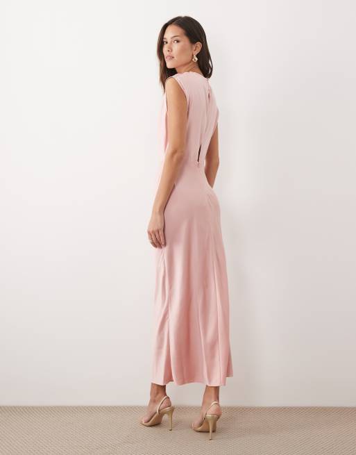 ASOS DESIGN – Rosa midiklänning i satin med hög ringning och veckat liv, 3 av 4