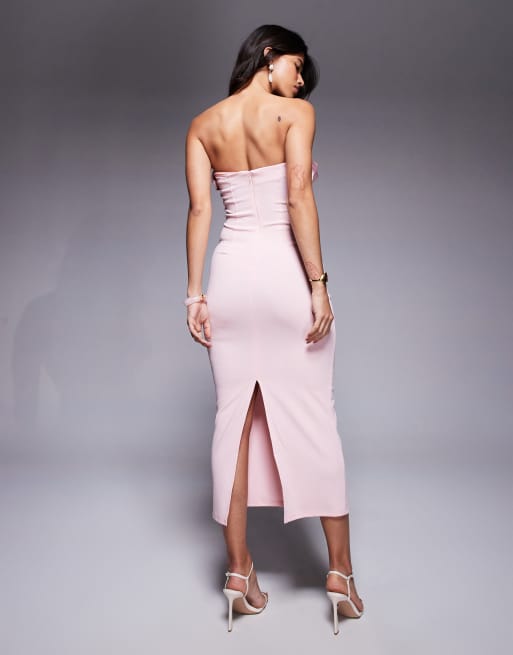 ASOS DESIGN – Rosa midiklänning i scubaliknande tyg med bandeau-ringning och plisserade satinkupor, 3 av 4