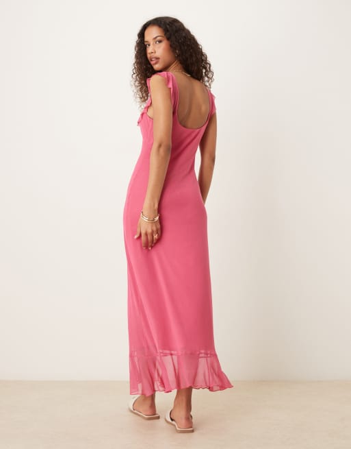 ASOS DESIGN – Rosa, midilång tea-klänning i mesh med dubbla volanger, 4 av 4