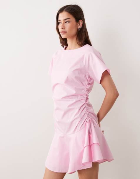 ASOS DESIGN – Rosa miniklänning med korta ärmar och ryschad knytmidja - view 1