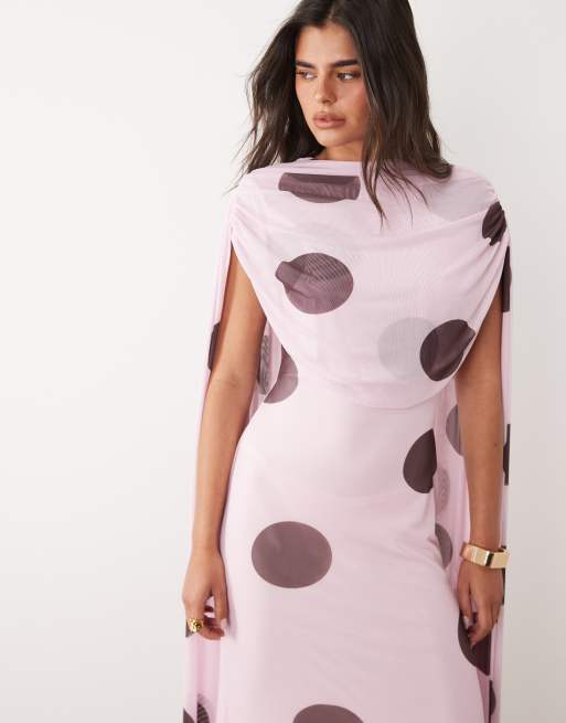 ASOS DESIGN – Rosa och brun, prickig maxiklänning i mesh med draperad scarfdetalj, 3 av 4