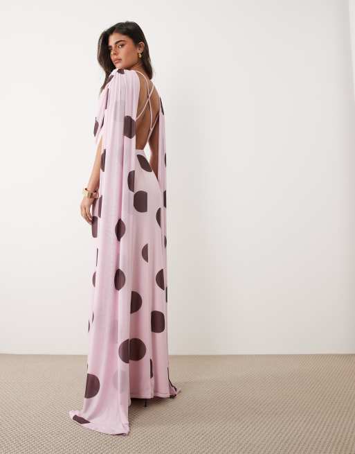 ASOS DESIGN – Rosa och brun, prickig maxiklänning i mesh med draperad scarfdetalj, 4 av 4