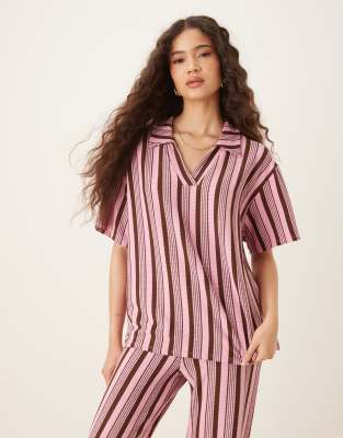 ASOS DESIGN – Rosa och brunrandig rugbytopp i oversize med korta ärmar, del av set - view 1