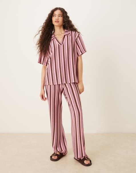 ASOS DESIGN – Rosa och brunrandigt set med vida ben - view 1