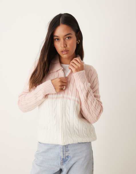 ASOS DESIGN – Rosa och gräddvit, kabelstickad jacka med dragkedja - view 1