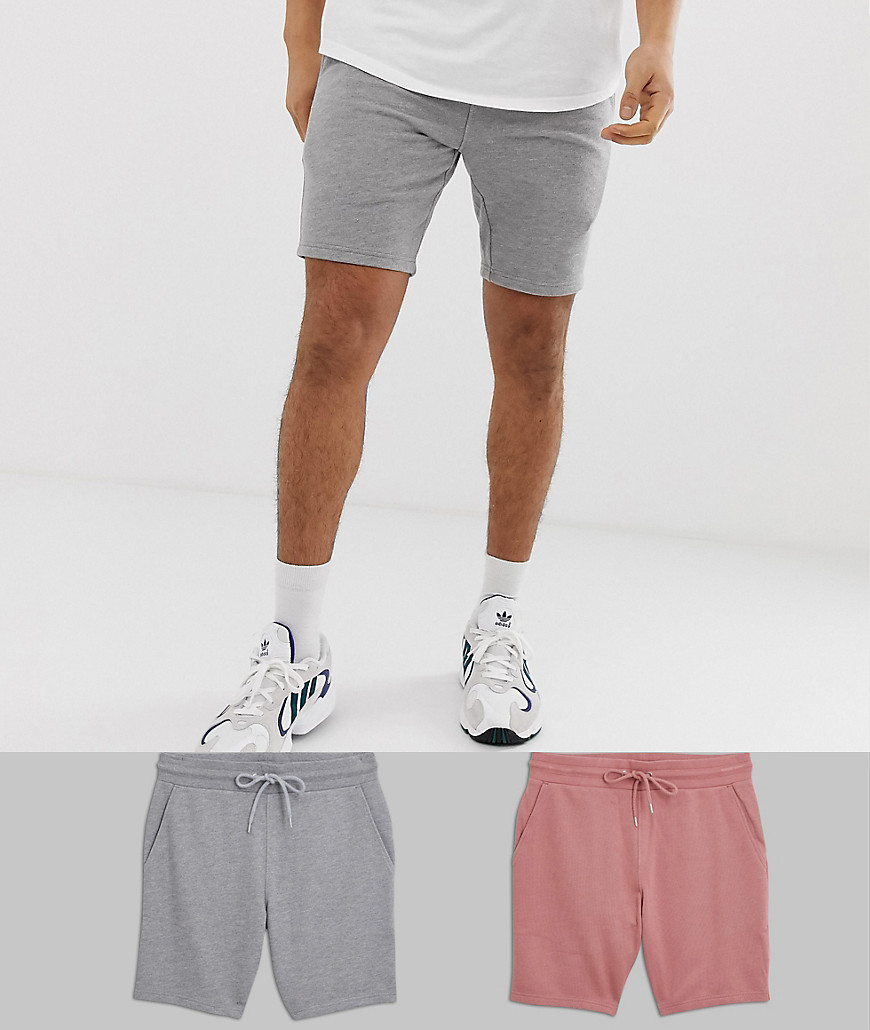 ASOS DESIGN – rosa och gråmelerade skinny shorts i jersey 2-pack-Flerfärgad