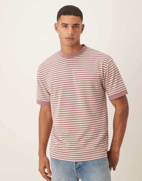 ASOS DESIGN – Rosa- och grårandig, kraftig t-shirt i oversize med sänkt axelsöm - view 1