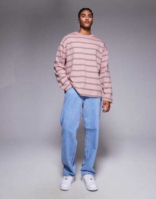 ASOS DESIGN – Rosa och grårandig t-shirt i oversize med långa ärmar, 2 av 5