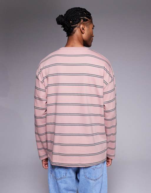 ASOS DESIGN – Rosa och grårandig t-shirt i oversize med långa ärmar, 3 av 5