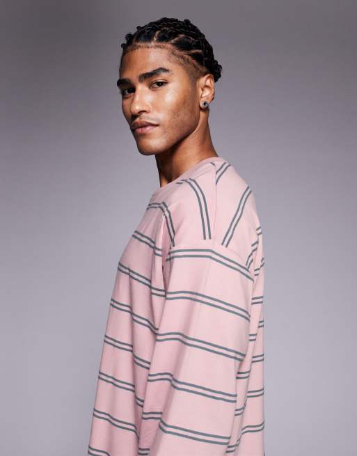 ASOS DESIGN – Rosa och grårandig t-shirt i oversize med långa ärmar, 4 av 5
