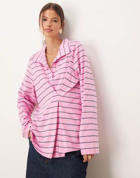 ASOS DESIGN – Rosa och marinblå, randig topp i rugbystil med veck - view 1