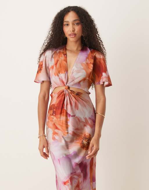 ASOS DESIGN – Rosa och orange, blommig midiklänning i satin med utskurna detaljer och knut, 2 av 4